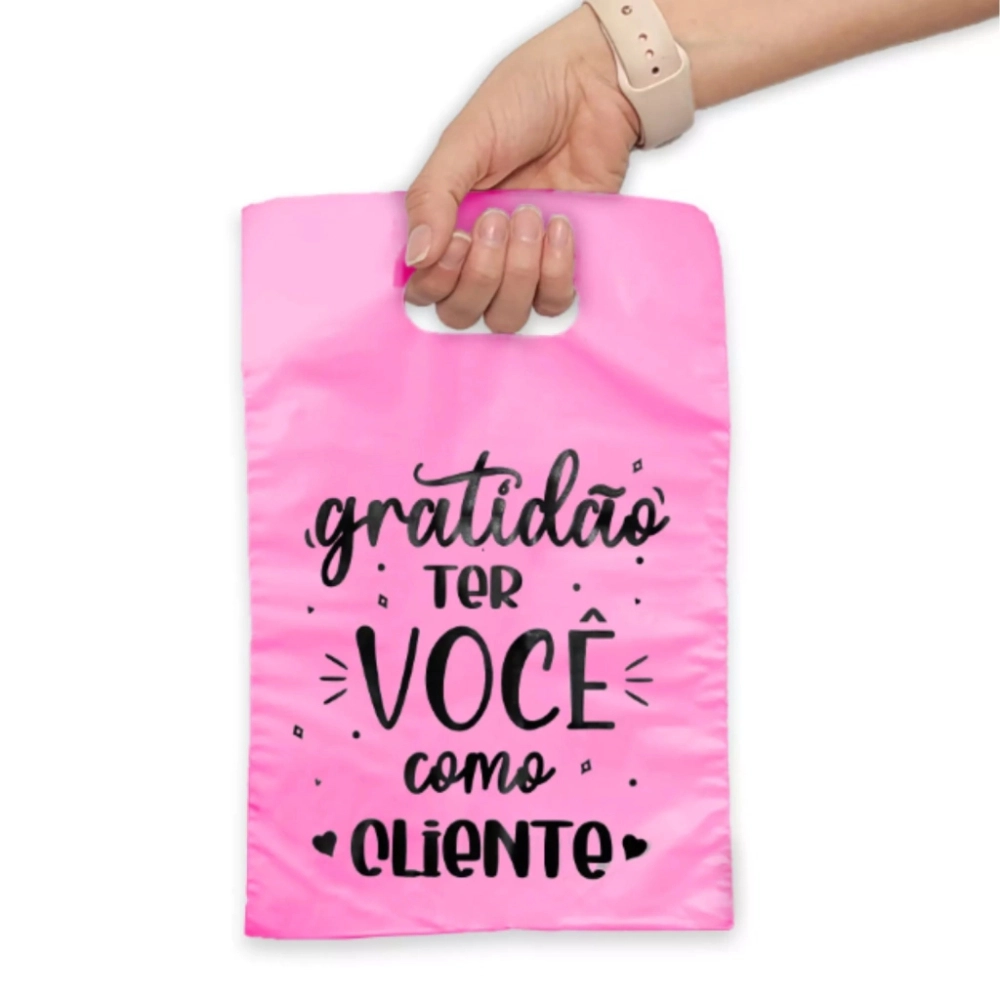 10 Sacolas Plásticas - Gratidão - Rosa