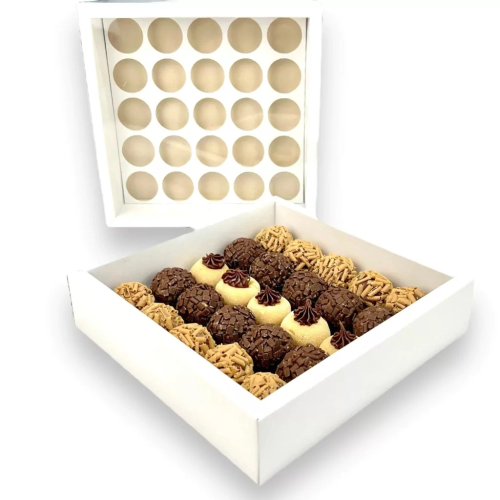 5 Caixas para 25 brigadeiros c/ tampa em PVC - sem impressão