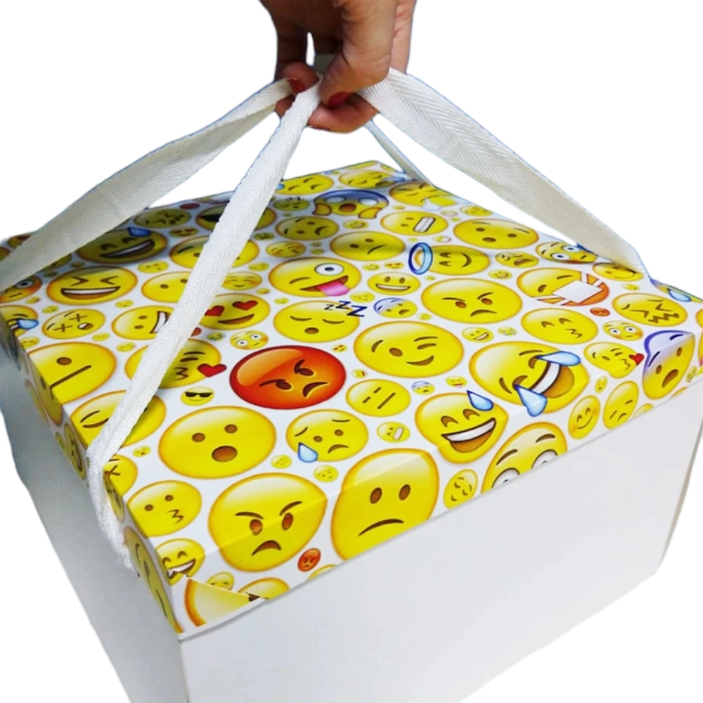 1 Caixa para Bolo ou Festa na Caixa 27x27x16 com alça em gorgurão - Emoticons